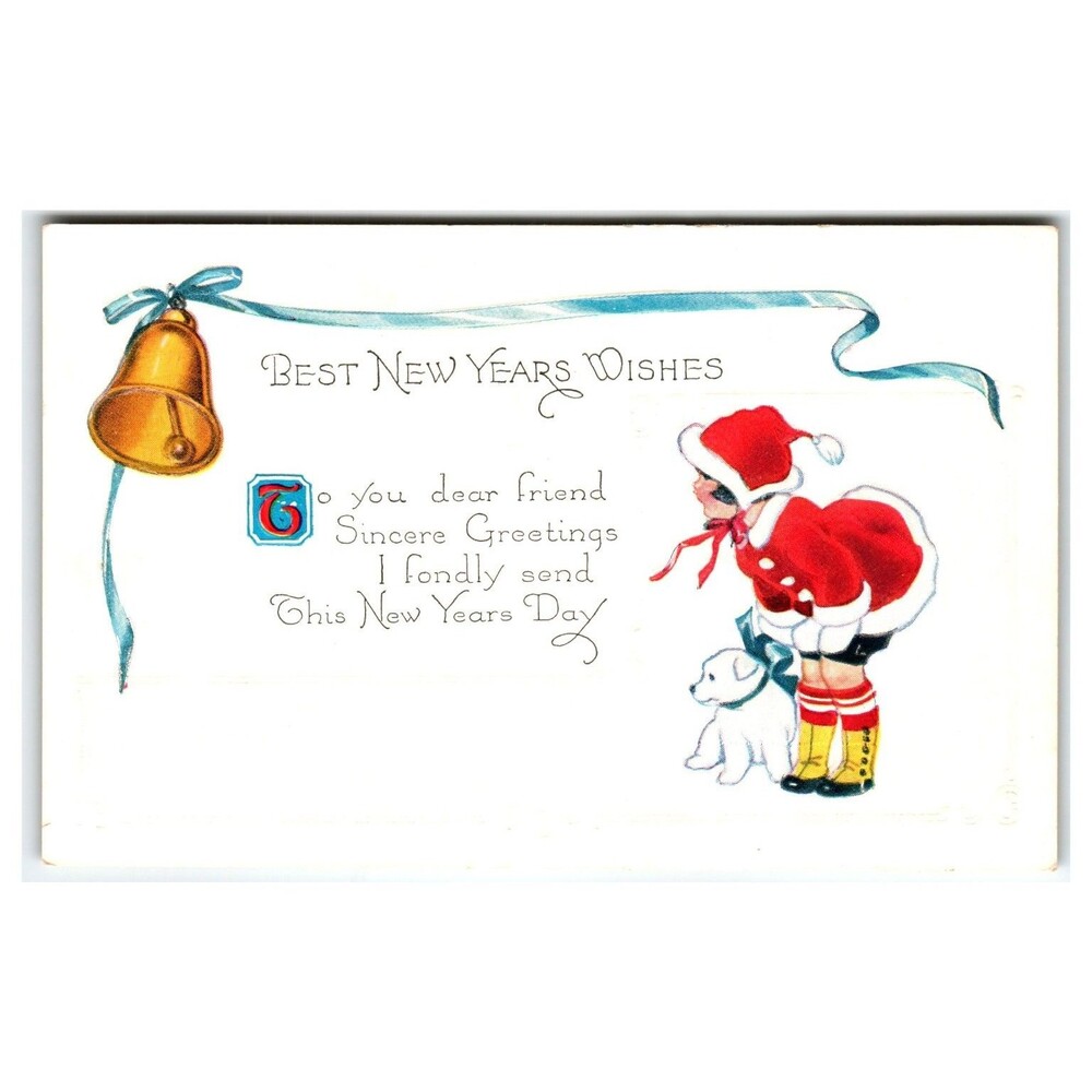 Vintage 1920s Happy New Year Postcard Child in Red Suit White Puppy Golden Bell